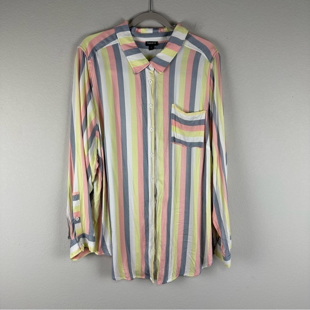 Torrid Yellow Pink Gray Striped Lizzie Button Up Long Sleeve Top Size 4X